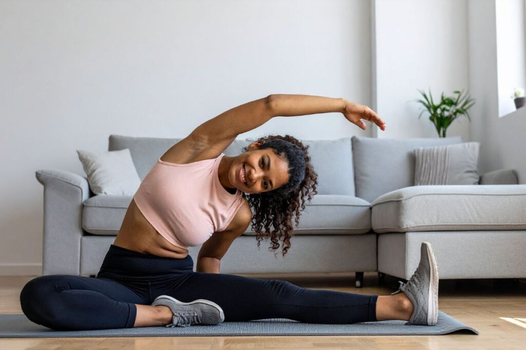 Donna che fa stretching laterale su un tappetino in salotto, a dimostrazione di un "allenamento a casa senza attrezzi".