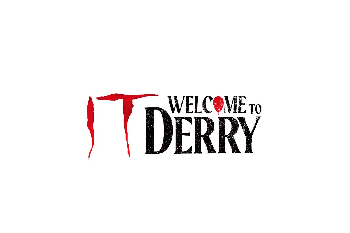 Logo del franchise horror "IT" con le parole "Welcome to Derry" e un palloncino rosso, su sfondo bianco.