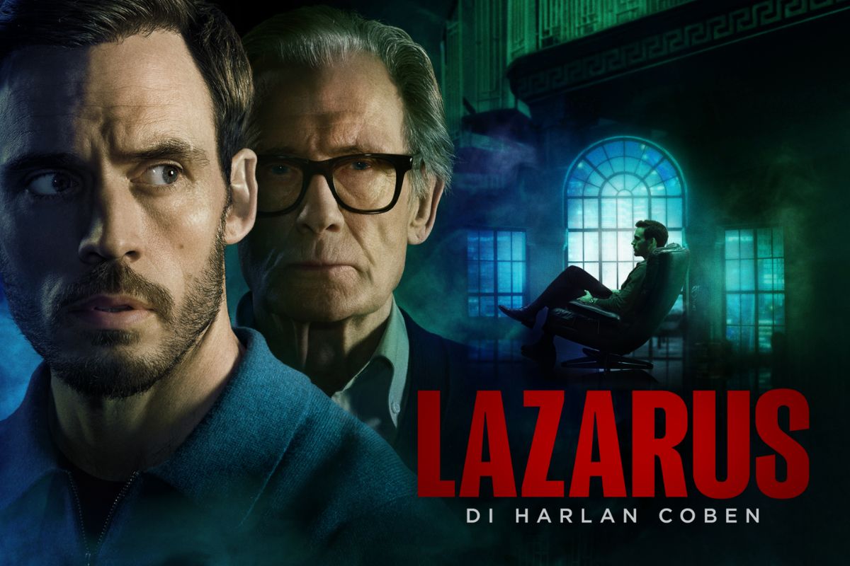 Locandina della serie Lazarus di Harlan Coben con due protagonisti maschili in primo piano.