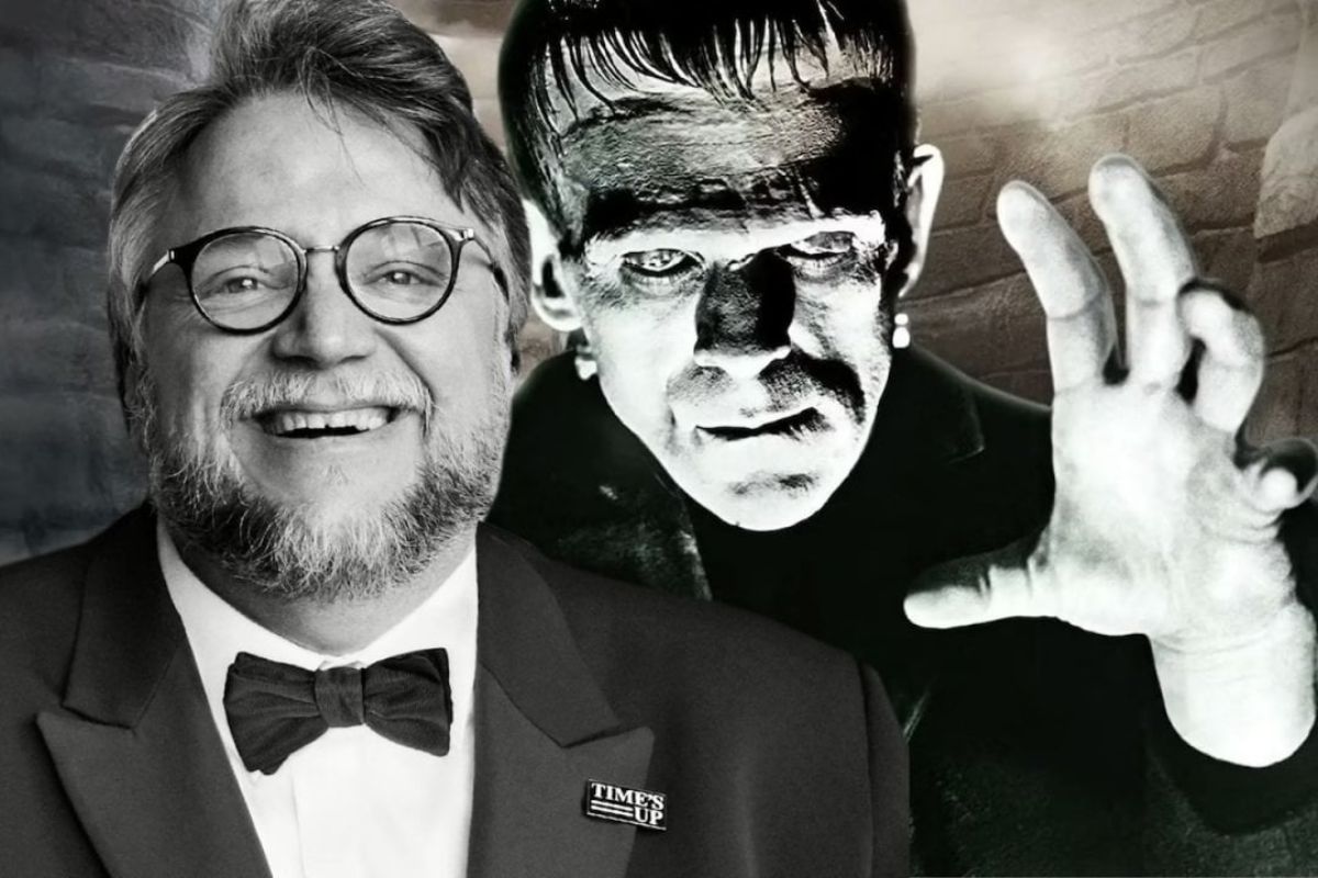 Composizione in bianco e nero di Guillermo del Toro sorridente accanto al volto iconico del Mostro di Frankenstein.
