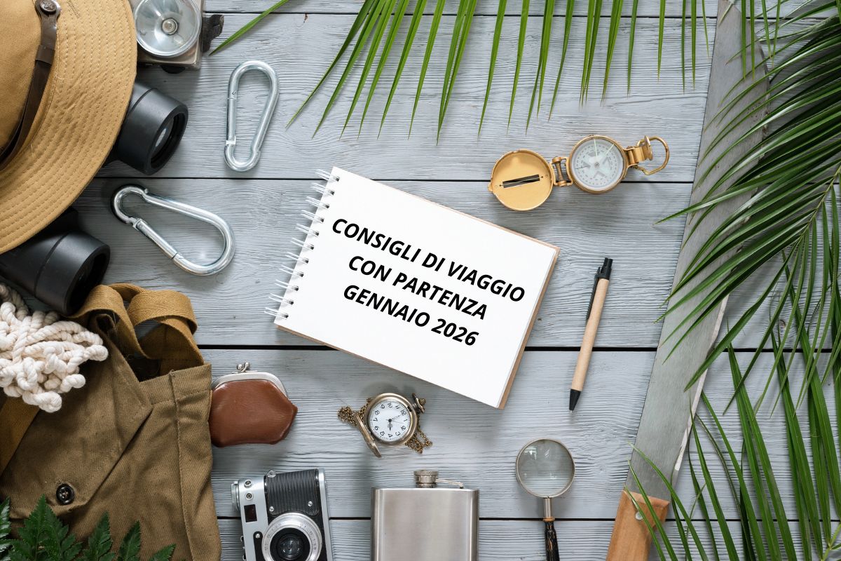 Consigli di viaggio gennaio 2026: taccuino con scritta, accessori da viaggio, bussola e foglie di palma su tavolo