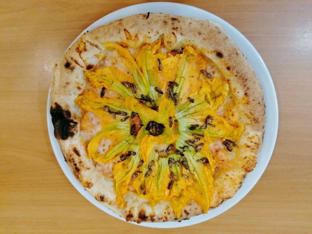 Nella pizza "Grillo sparlante", i grilli interi vengono tostati al forno con olio e sale e aggiunti come topping su una base di mozzarella e fiori di zucca 